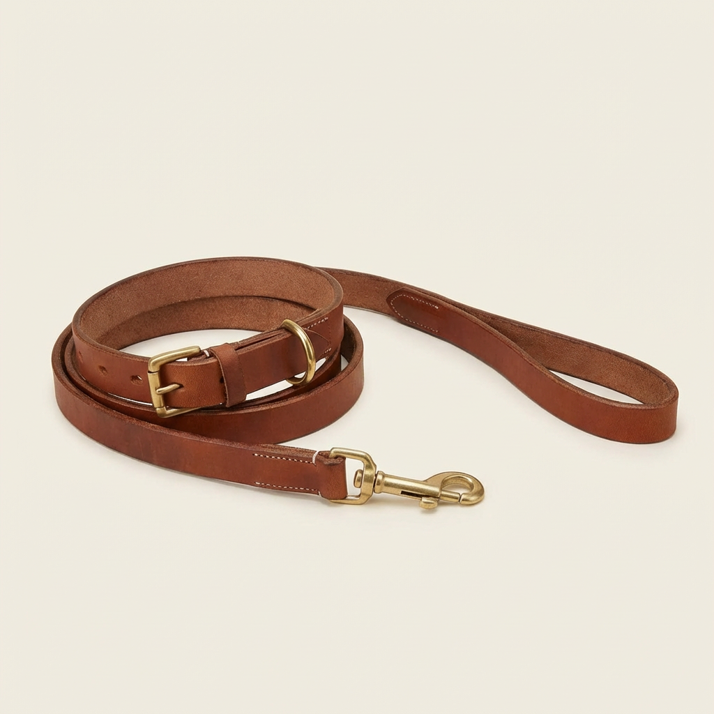 Full grain Argentinian leather leash & collar set in Cognac